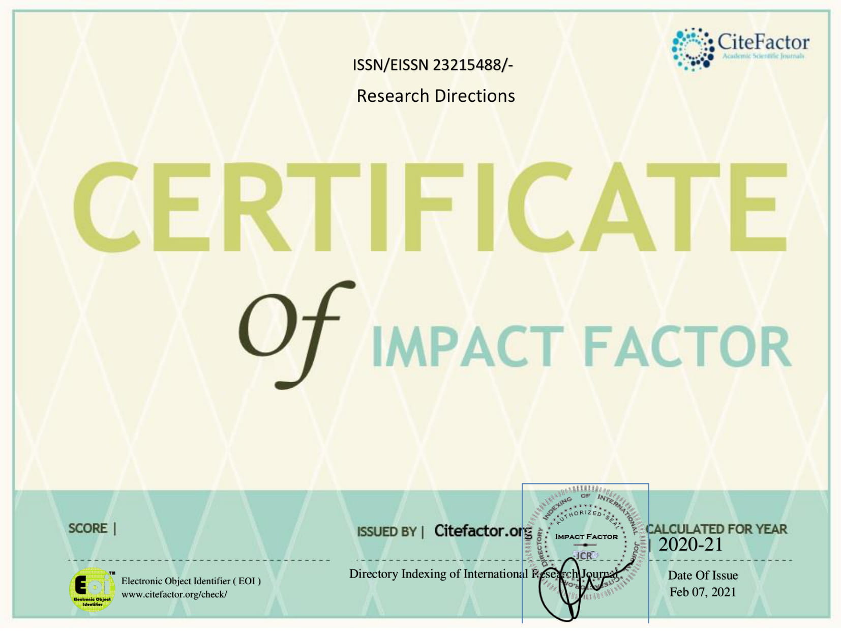 Cite Factor Certificate - Research-Directions